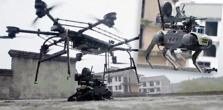 В Китае показали дрон, несущий десант с робопсом, вооружённым пулемётом - ВИДЕО