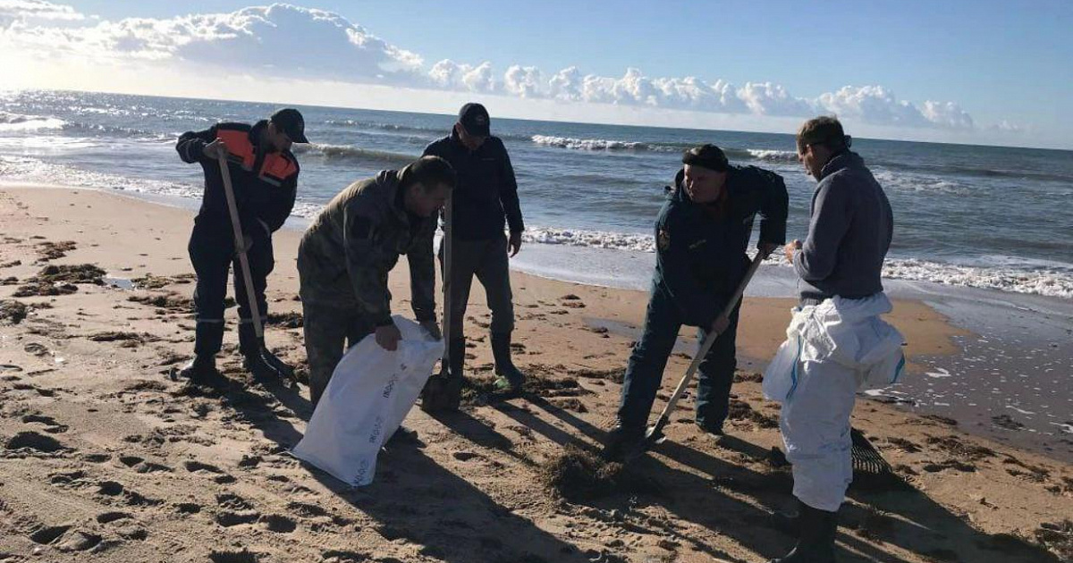 В Темрюкском районе собирают мазут с берега