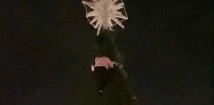 Тетка на ёлке: пьяная женщина залезла на новогоднюю конструкцию в центре Геленджика